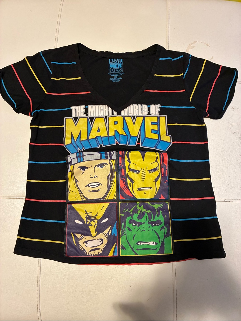 Marvel Black Graphic V-Neck Tee with Yellow, Blue, Red, Green